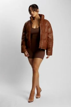 DPO Coats & Jackets Farrah Faux Leather Puffer Jacket - Chocolate