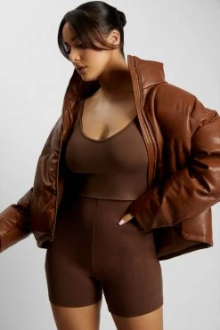 DPO Coats & Jackets Farrah Faux Leather Puffer Jacket - Chocolate