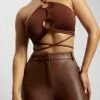 AMC Sabrina Ruched Halter Crop Top - Chocolate