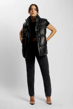 DPO Linda Faux Leather Oversized Gilet - Black