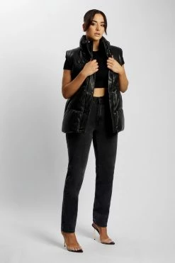 DPO Linda Faux Leather Oversized Gilet - Black