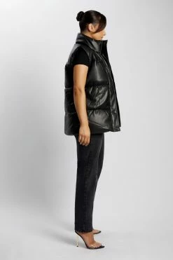 DPO Linda Faux Leather Oversized Gilet - Black