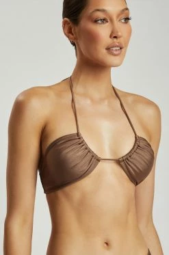 GLD MESHKI SWIM Willow Ruched Drawstring Bikini Top - Chocolate