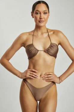 GLD MESHKI SWIM Willow Ruched Drawstring Bikini Top - Chocolate