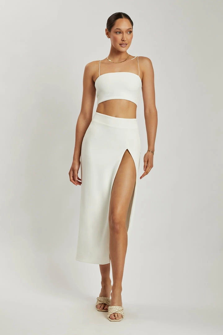 QNG Arla High Waist Thigh Split Crepe Maxi Skirt - White Two Piece Sets 8 QNG Arla High Waist Thigh Split Crepe Maxi Skirt - White Two Piece Sets