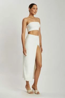 QNG Arla High Waist Thigh Split Crepe Maxi Skirt - White Two Piece Sets 18 QNG Arla High Waist Thigh Split Crepe Maxi Skirt - White Two Piece Sets