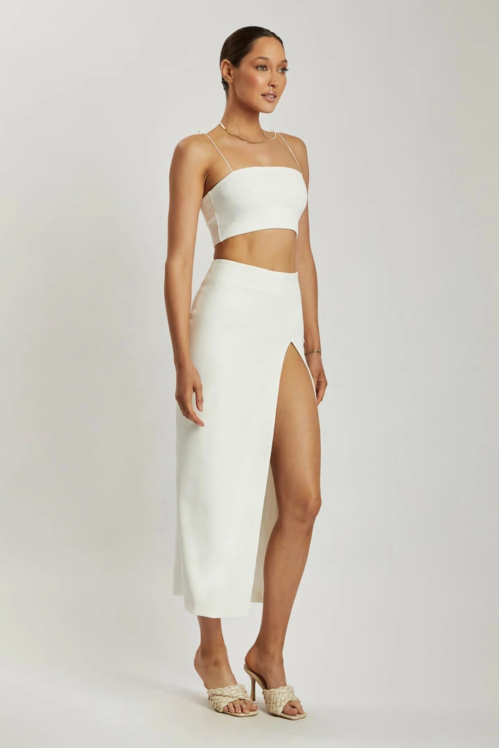 QNG Arla High Waist Thigh Split Crepe Maxi Skirt - White Two Piece Sets 9 QNG Arla High Waist Thigh Split Crepe Maxi Skirt - White Two Piece Sets