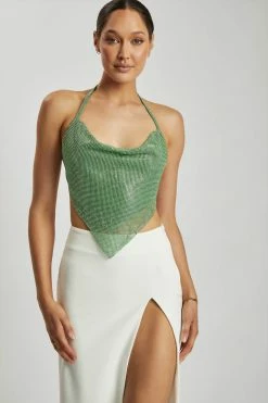 QNG All Tops Daphne Diamante Cowl Neck Halter Top - Green 25 QNG All Tops Daphne Diamante Cowl Neck Halter Top - Green