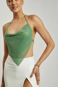 QNG All Tops Daphne Diamante Cowl Neck Halter Top - Green 23 QNG All Tops Daphne Diamante Cowl Neck Halter Top - Green