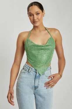 QNG All Tops Daphne Diamante Cowl Neck Halter Top - Green