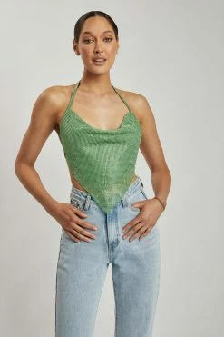 QNG All Tops Daphne Diamante Cowl Neck Halter Top - Green 16 QNG All Tops Daphne Diamante Cowl Neck Halter Top - Green
