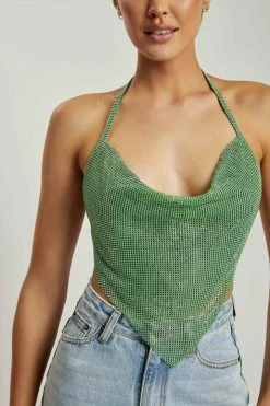 QNG All Tops Daphne Diamante Cowl Neck Halter Top - Green 17 QNG All Tops Daphne Diamante Cowl Neck Halter Top - Green