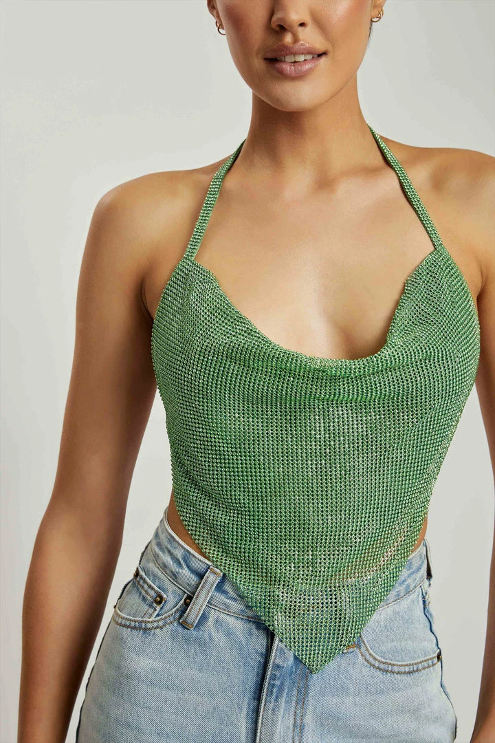 QNG All Tops Daphne Diamante Cowl Neck Halter Top - Green 5 QNG All Tops Daphne Diamante Cowl Neck Halter Top - Green