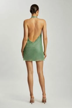 QNG Meilani Low Back Diamante Mesh Mini Dress - Green