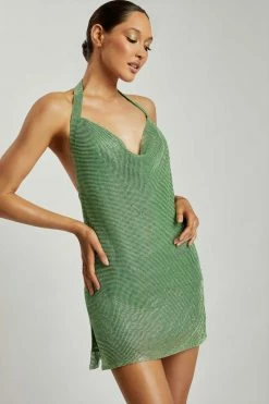 QNG Meilani Low Back Diamante Mesh Mini Dress - Green