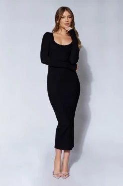 ROM Sierra Scoop Neck Long Sleeve Midi Dress - Black DRESSES