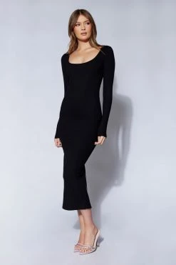 ROM Sierra Scoop Neck Long Sleeve Midi Dress - Black DRESSES