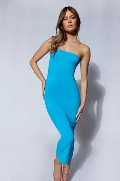 WXI DRESSES Cassidy Strapless Midi Dress - Cyan Blue