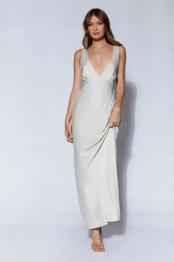 JLW Nadia Maxi Satin Dress With Back Cowl - Silver DRESSES