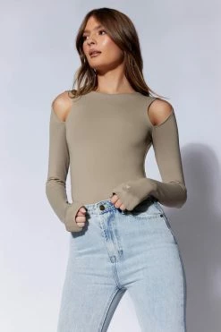 WXI Charli Cut Out Long Sleeve Bodysuit - Taupe 17 WXI Charli Cut Out Long Sleeve Bodysuit - Taupe