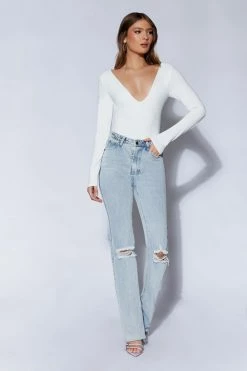 WXI Nia Long Sleeve V Neck Bodysuit - White