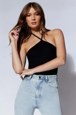 ROM Arden Halter Neck Ribbed Bodysuit - Black All Tops