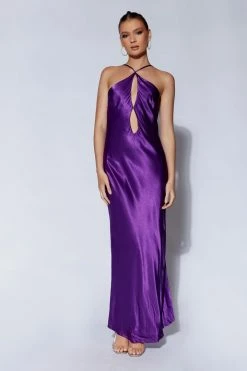 JLW DRESSES Lucia Satin Cut Out Maxi Dress - Grape