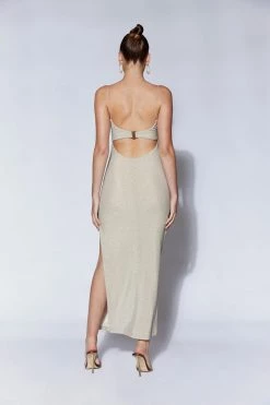 QNG DRESSES Spencer Shimmer Midi Dress With Gold Hardware - Champagne