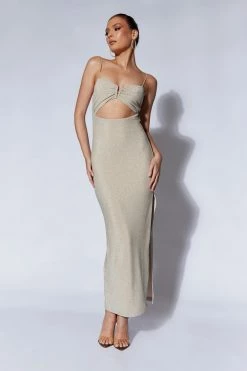 QNG DRESSES Spencer Shimmer Midi Dress With Gold Hardware - Champagne