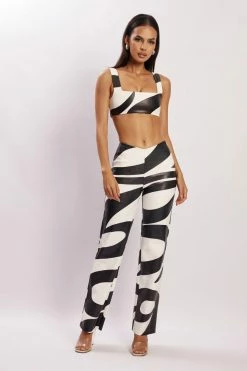 WNT Two Piece Sets Mahla Faux Leather Square Neck Crop - Swirl Print
