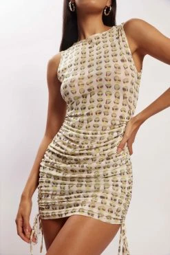 ROM DRESSES Sally Ruched Side Mesh Mini Dress - Alien Print