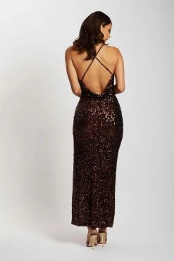 QNG Lily Sequin Front Split Maxi Dress - Chocolate DRESSES