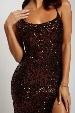 QNG Lily Sequin Front Split Maxi Dress - Chocolate DRESSES