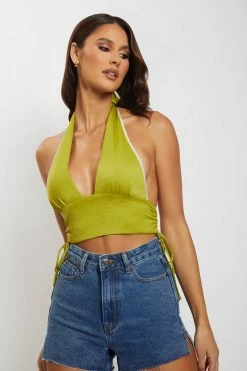 WNT All Tops Mollie Satin Ruched Halter Crop - Green
