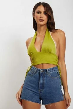 WNT All Tops Mollie Satin Ruched Halter Crop - Green