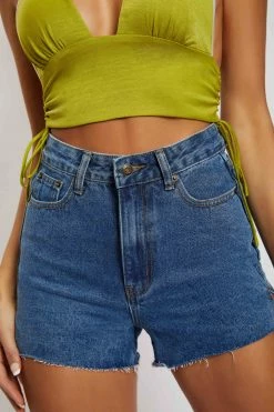 EMS Nancy Split Hem Denim Short - Mid Blue