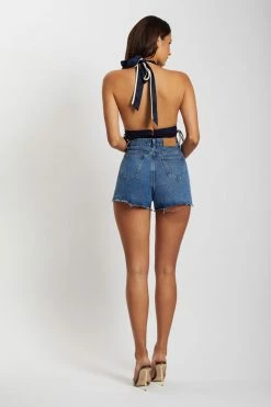 WNT All Tops Mollie Satin Ruched Halter Crop - Navy