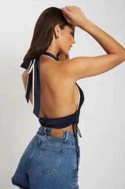 WNT All Tops Mollie Satin Ruched Halter Crop - Navy