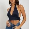 WNT All Tops Mollie Satin Ruched Halter Crop - Navy