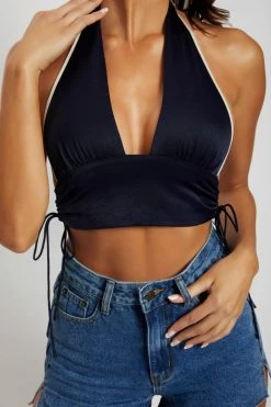 WNT All Tops Mollie Satin Ruched Halter Crop - Navy
