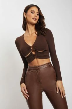 ROM Skylar Long Sleeve O-Ring Crop Top - Chocolate Two Piece Sets