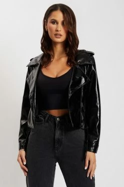 WNT Isobel Patent Biker Jacket - Black Coats & Jackets