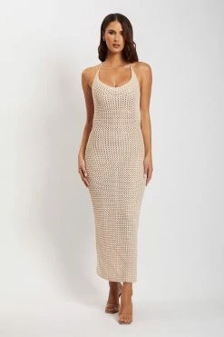 SKY DRESSES Debra Cowl Neck Crochet Midi Dress - Cream