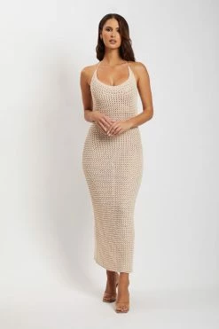 SKY DRESSES Debra Cowl Neck Crochet Midi Dress - Cream