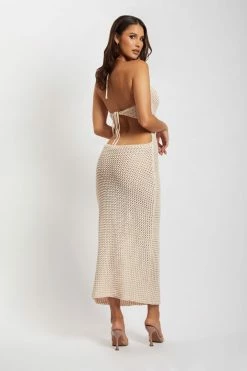 SKY DRESSES Debra Cowl Neck Crochet Midi Dress - Cream