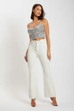 QNG Nikita Sequin Cowl Neck Top - Silver All Tops