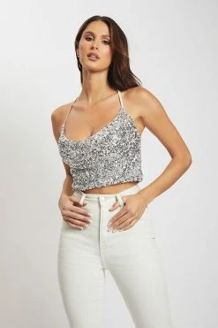 QNG Nikita Sequin Cowl Neck Top - Silver All Tops