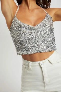 QNG Nikita Sequin Cowl Neck Top - Silver All Tops