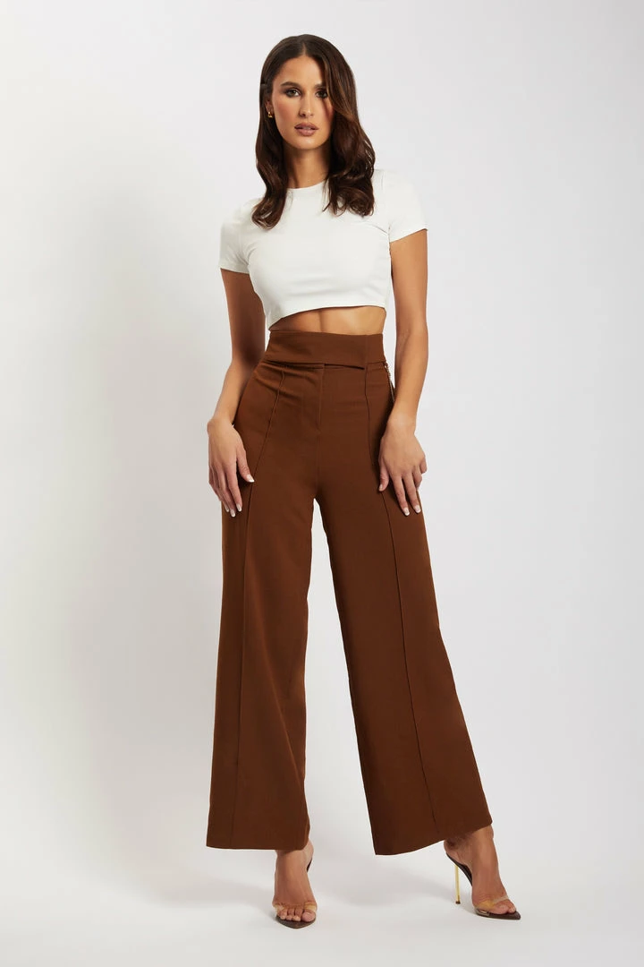 QNG Natasha Wide Leg Pants With Waistband - Chocolate 4 QNG Natasha Wide Leg Pants With Waistband - Chocolate