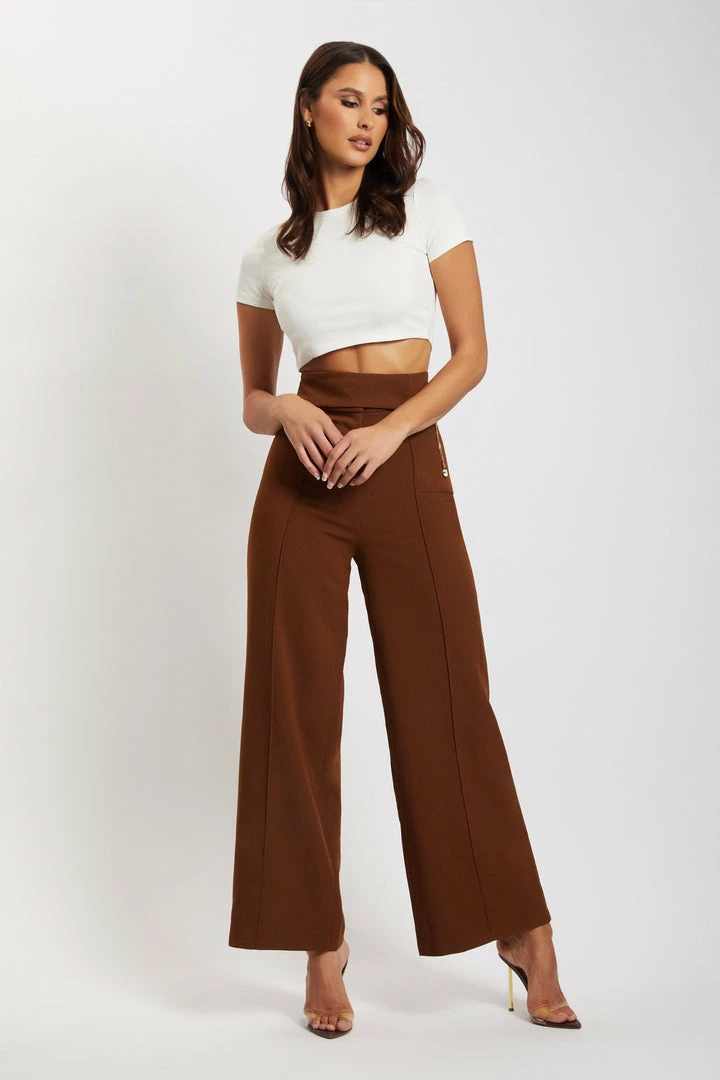 QNG Natasha Wide Leg Pants With Waistband - Chocolate 2 QNG Natasha Wide Leg Pants With Waistband - Chocolate